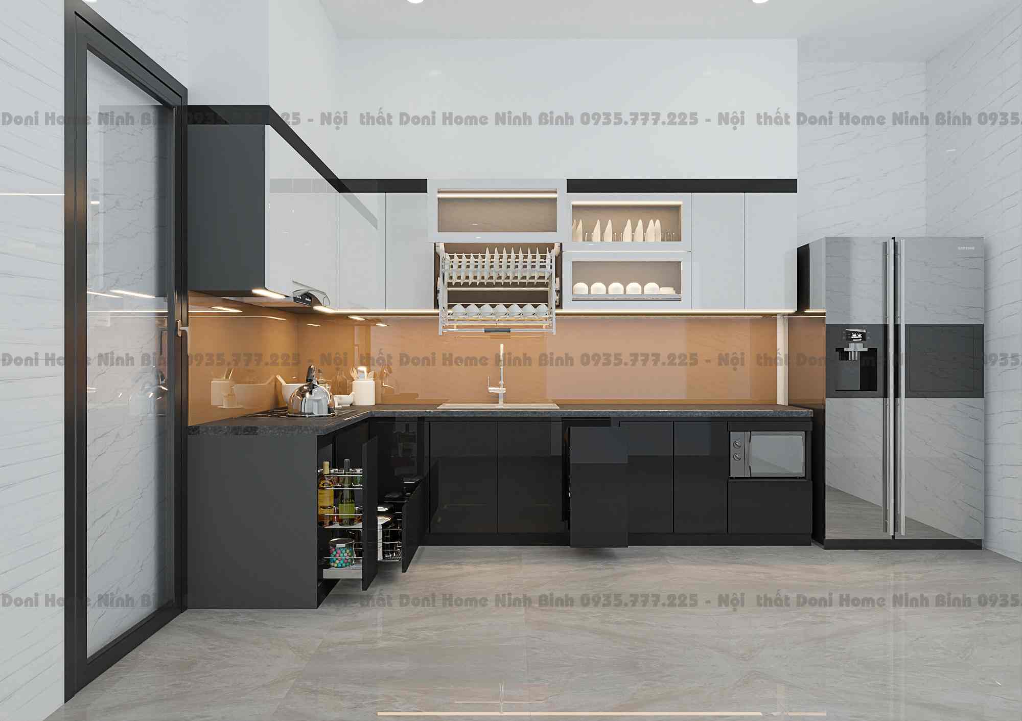 Tủ bếp nhựa cánh Acrylic AR002 cánh trắng phối đen 